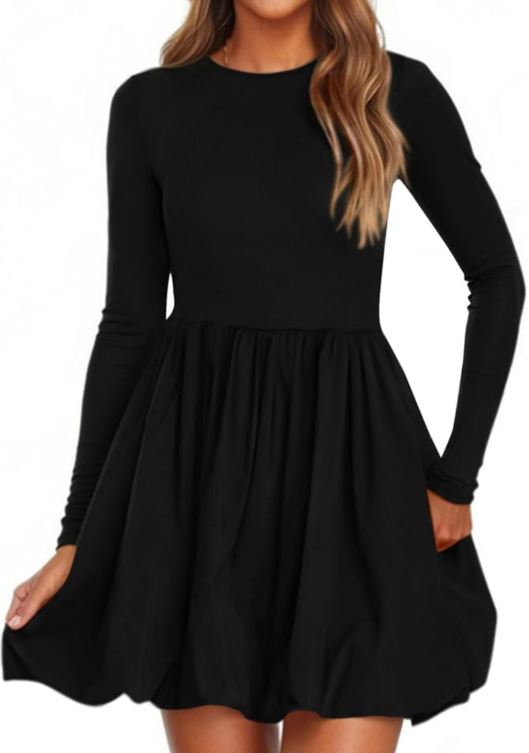 PRETTYGARDEN Fall Dresses for Women 2025 Casual Long Sleeve Bubble Cute Crew Neck A Line Mini Short Dress with Pockets Size S