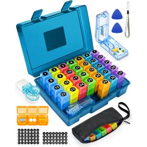 Monthly Pill Organizer 3 Times a Day, FRIWOLE Medicine Box with Portable Weekly Pill Bag, Pill Taker Remover, Pill Cutter and 2 Sticker (Blue, 3 Times a Day)