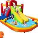 Hongcoral Bounce House Inflatable Water Slide for Kids, Water Park With Splash Pool, Double Cannon, 2 Climbing Walls, Obstacles, Blow Up Jumping Castle With Blower