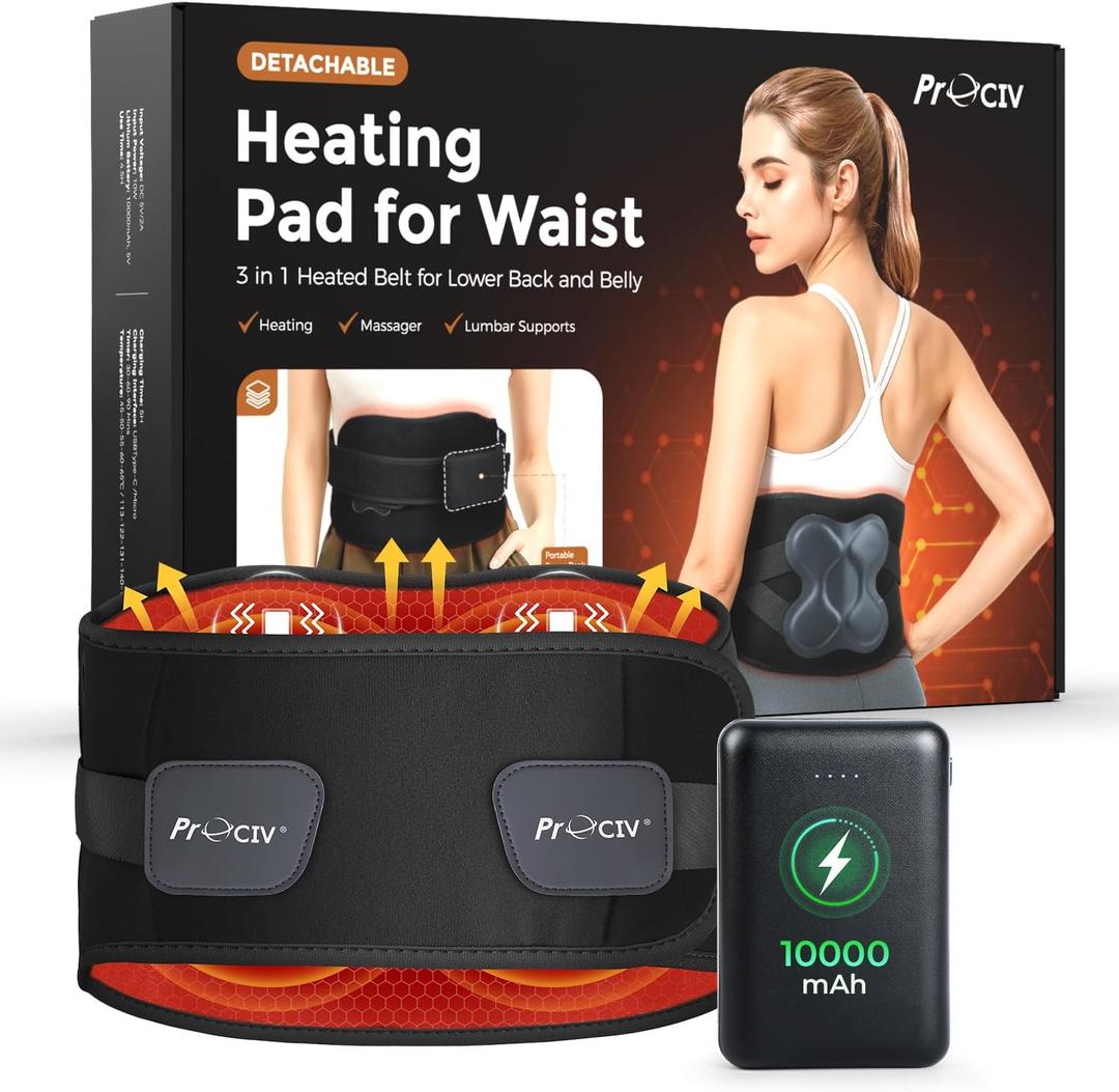 Cordless Heating Pad with Massager, 10000mAh Power Bank & Detachable Belt for Lower Back and Abdomen, 5 Heat & 3 Vibration with 30-Min Auto Off, Portable Hands-Free Heat Pad Gift for Mom, Dad (Black)