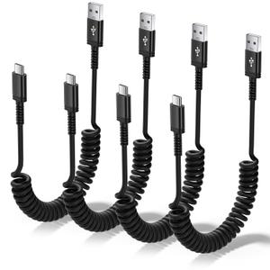 USB Type C Cable Fast Charging, 4Pack Coiled USB A to USB C Charger Cord for Car, USB C Fast Charger Cord for Phone/Android Auto/iPhone Samsung Galaxy/Carplay