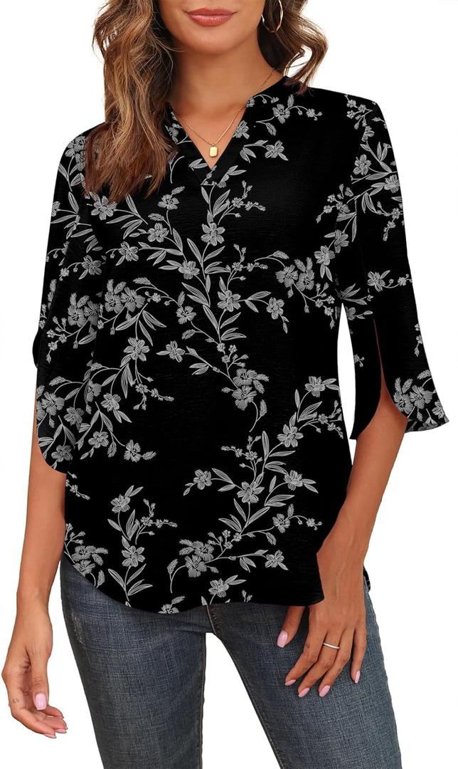 Askyes Women's 2025 Summer Chiffon Blouses Short Sleeve V Neck Tshirts Loose Casual Flowy Dressy Tops for Leggings Blouse (Medium, Black D Floral)