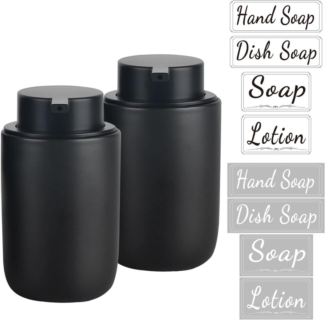 BosilunLife Black Soap Dispenser Set - 2 Pack 12oz Ceramic Dish Soap Dispenser with Rust Proof Pump for Kitchen, Hand Soap and Lotion Set Suitable for Farmhouse Bathroom Decor with Waterproof Labels