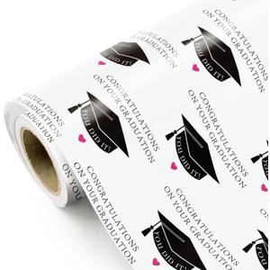 WRAPAHOLIC Graduation Wrapping Paper - Mini Roll - 17 Inch x 16.5 Feet - Black Trencher Cap with Lettering Design Perfect for Party, Celebration