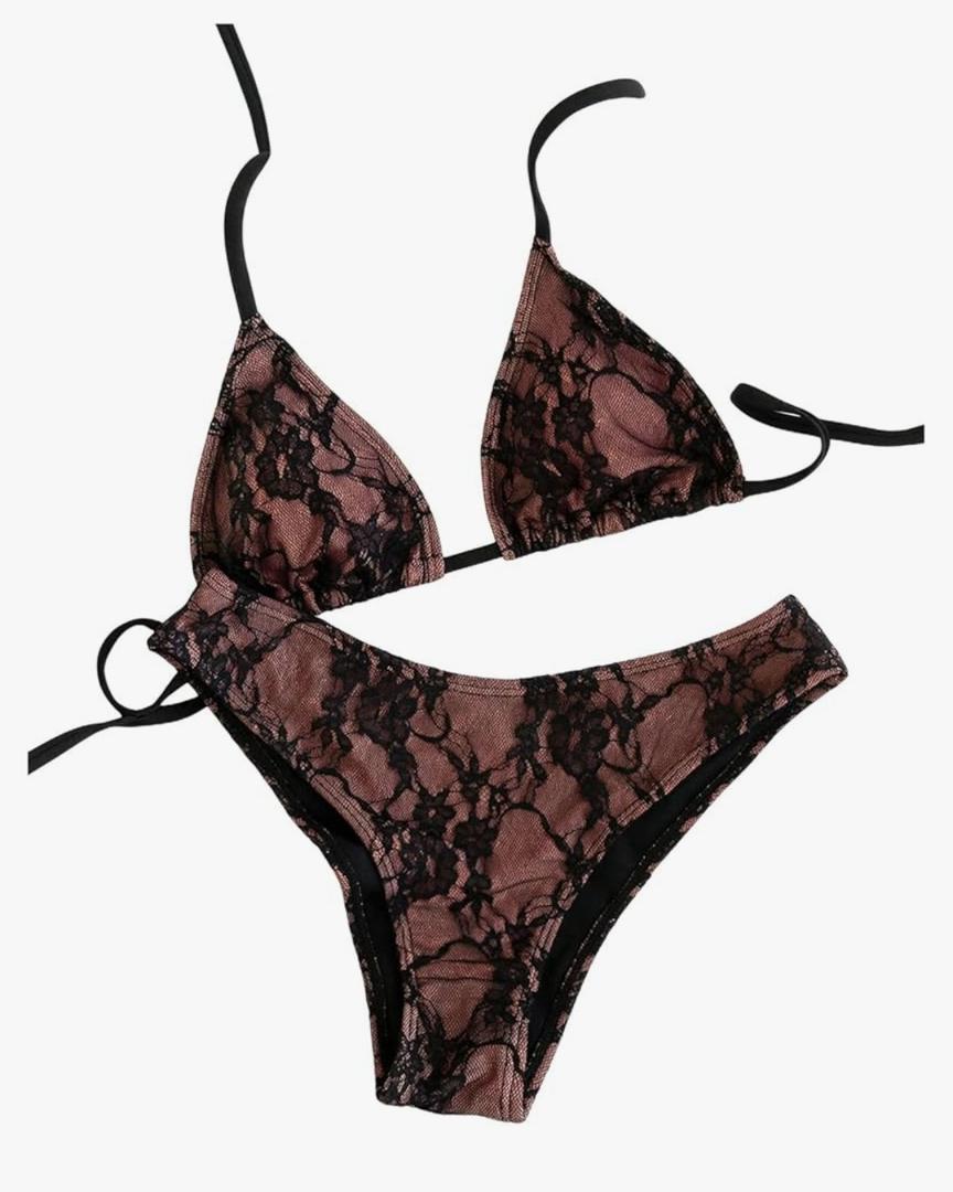 SOLY HUX Women's Lace Bikini Sets Halter Triangle String Swimsuit Tie Side Two Piece Bathing Suit, S