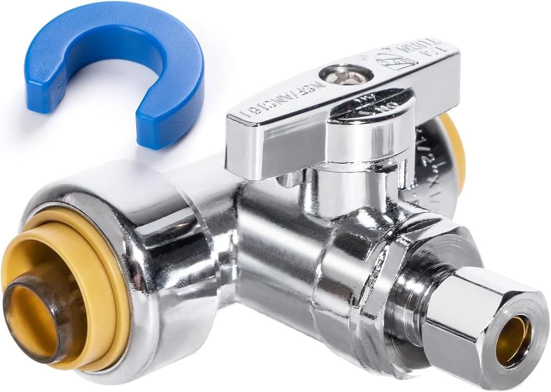 Tee Stop Valve, 1/2" PTC x 1/2" PTC x 1/4" OD Compression, Push to Connect Brass Plumbing Fitting for PEX, Copper, CPVC Pipe, Quarter-Turn Shut Off Water Valve Disconnect Clip