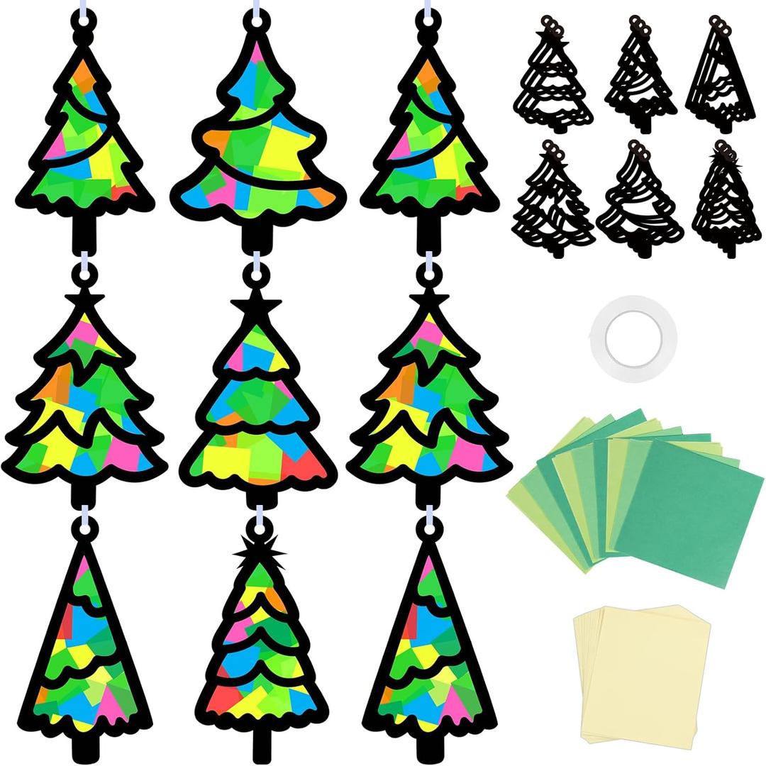 Qyeahkj 36 Set Christmas Tree Suncatchers Crafts for Kids DIY Xmas Tree Window Tissue Paper Craft Kit Hanging Decor for Christmas Winter Home Activity Art Project Birthday Party Favor Gift
