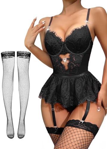 Lilosy Sexy Stocking Rhinestones Heart Garter Underwire Floral Mesh lace Sheer Babydoll Lingerie Teddy Bodysuit Skirt Set 4 XL