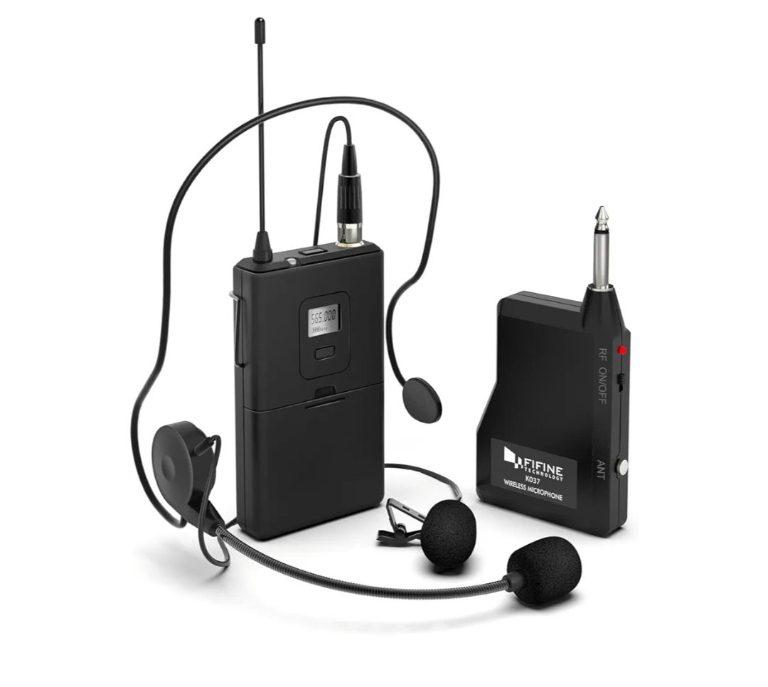 FIFINE Wireless Microphone System, Wireless Microphone set with Headset and Lavalier Lapel Mics, Beltpack Transmitter and Receiver,Ideal for Teaching, Preaching and Public Speaking ApplicationsK037B