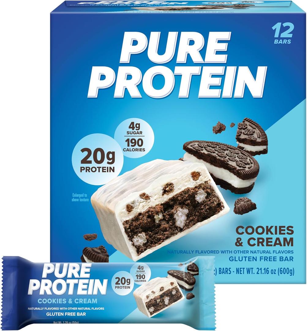 Pure Protein Bars, High Protein, Nutritious Snacks to Support Energy, Low Sugar, Gluten-free, Cookies and Cream, 1.76oz, 12 Pack (EXP 07/24/26)