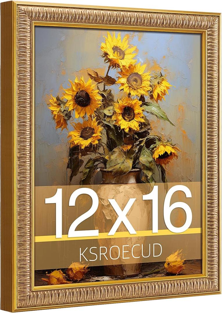 12x16 Picture Frame, HD Real Glass 12x16 Vintage Photo Frame, 12 by 16 Poster Frame with Gold Border Horizontal & Vertical Display for Tabletop or Wall Decor (1 Pack)