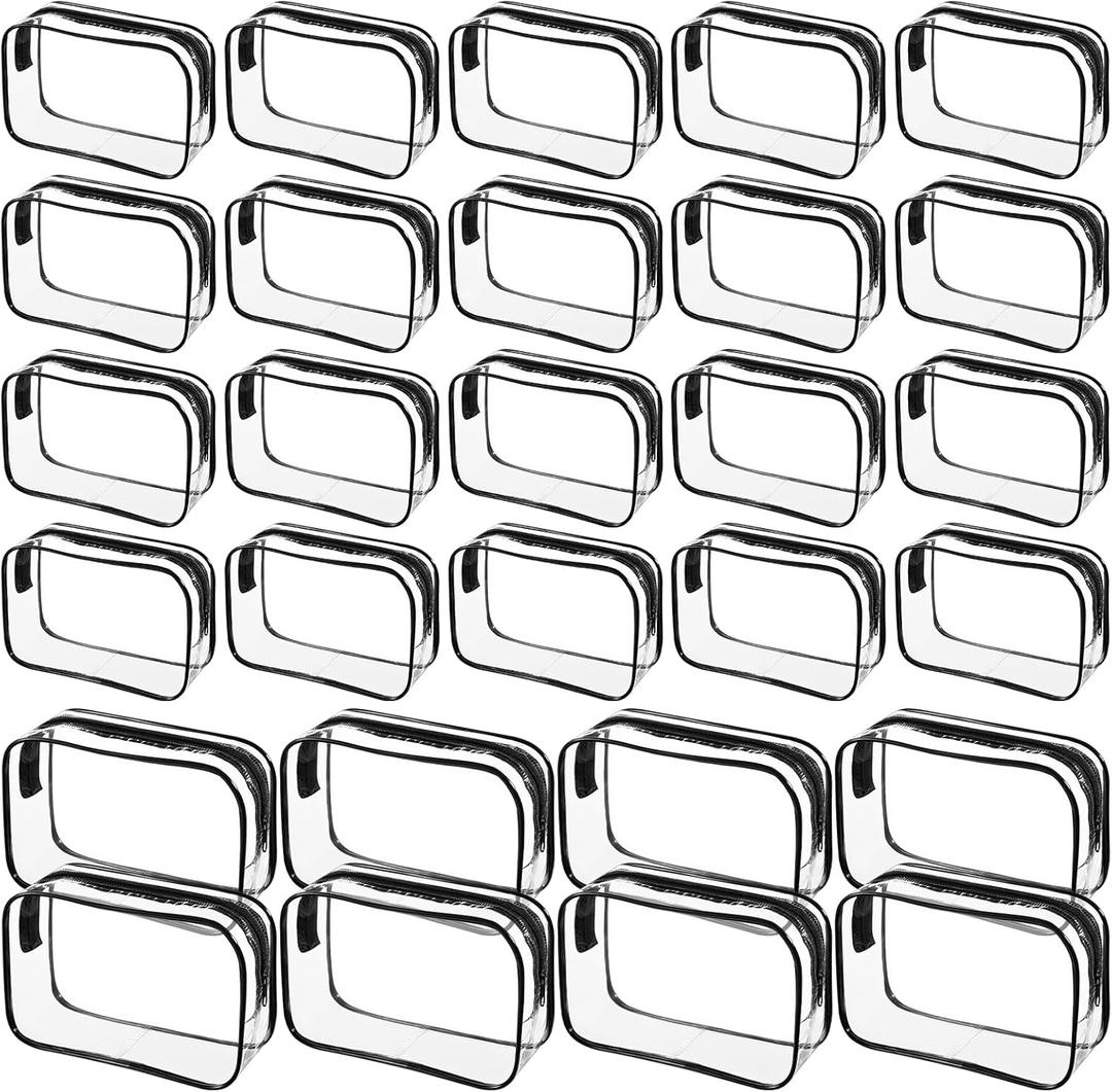 28 Pack Clear Cosmetic Bags Makeup Bags Bulk, Black Portable Waterproof Travel Toiletry Bag Organizer Plastic Toiletry Carry Pouch with Zipper, for Women Men Bathroom Organizing, 7.1"x 4.7"x 2.4"