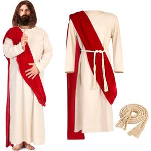 Haull Jesus Biblical Costume Adult Men Robe Costume Includes Scarf Waist Rope (X-Large, White, Red)