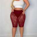 Women's Plus Size Floral Lace High Waisted Shorts Sheer Mesh Casual Leggings (X-Large Plus, Red)