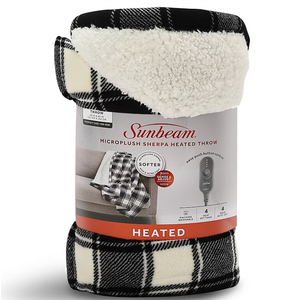 Sunbeam Microplush Sherpa Electric Heated Throw Blanket-Black/White Plaid, 60×70"
