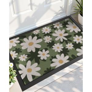DEXI Front Door Mat Outside Entrance, 23x36 Spring Flower Welcome Doormat, Non Slip Dirt Resist Heavy Duty Entry Mats for Entryway, White and Green