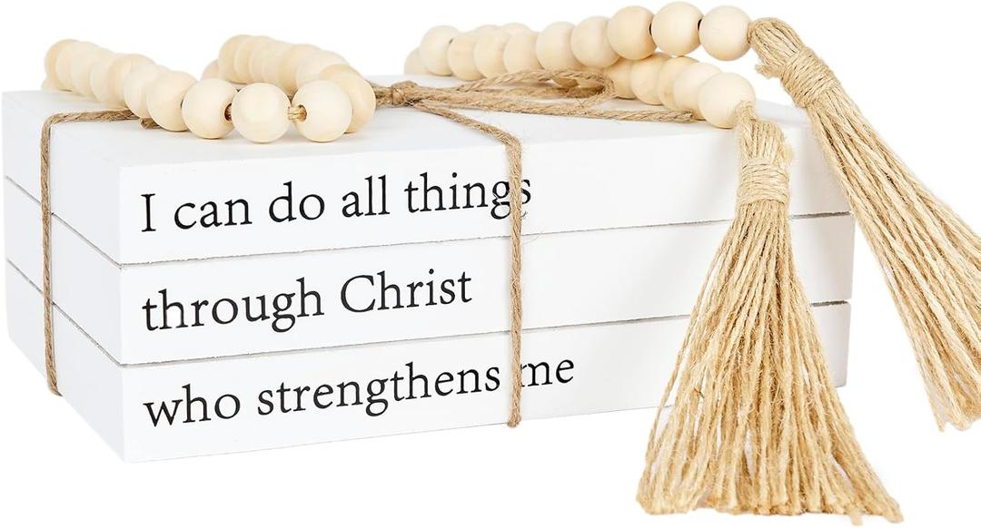 Decorative Books for Home Decor, White Faux Books for Decoration, Rustic Farmhouse Stacked Books with 52in Wood Bead Garland for Coffee Table Mantle Fireplace (I can do All Things Through Christ)