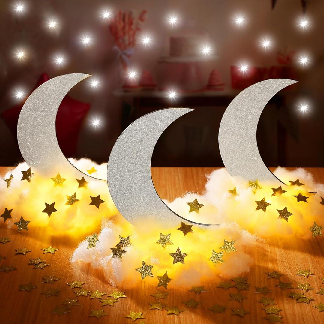 Wonderjune 9 Sets Twinkle Twinkle Little Star Table Centerpieces DIY Moon Stars Baby Shower Decorations Light Star Cloud Decor for Baby Shower Birthday Party DIY Crafts (Glitter Silver)
