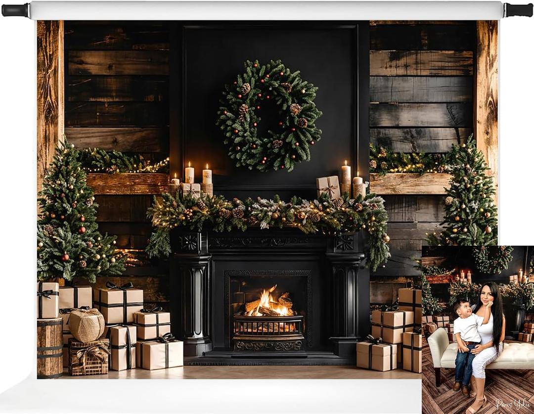 Kate Christmas Backdrop Fireplace with Wreath Festive Home Decorations Wood Wall Christmas Pine Tree Background, 7x5ft
