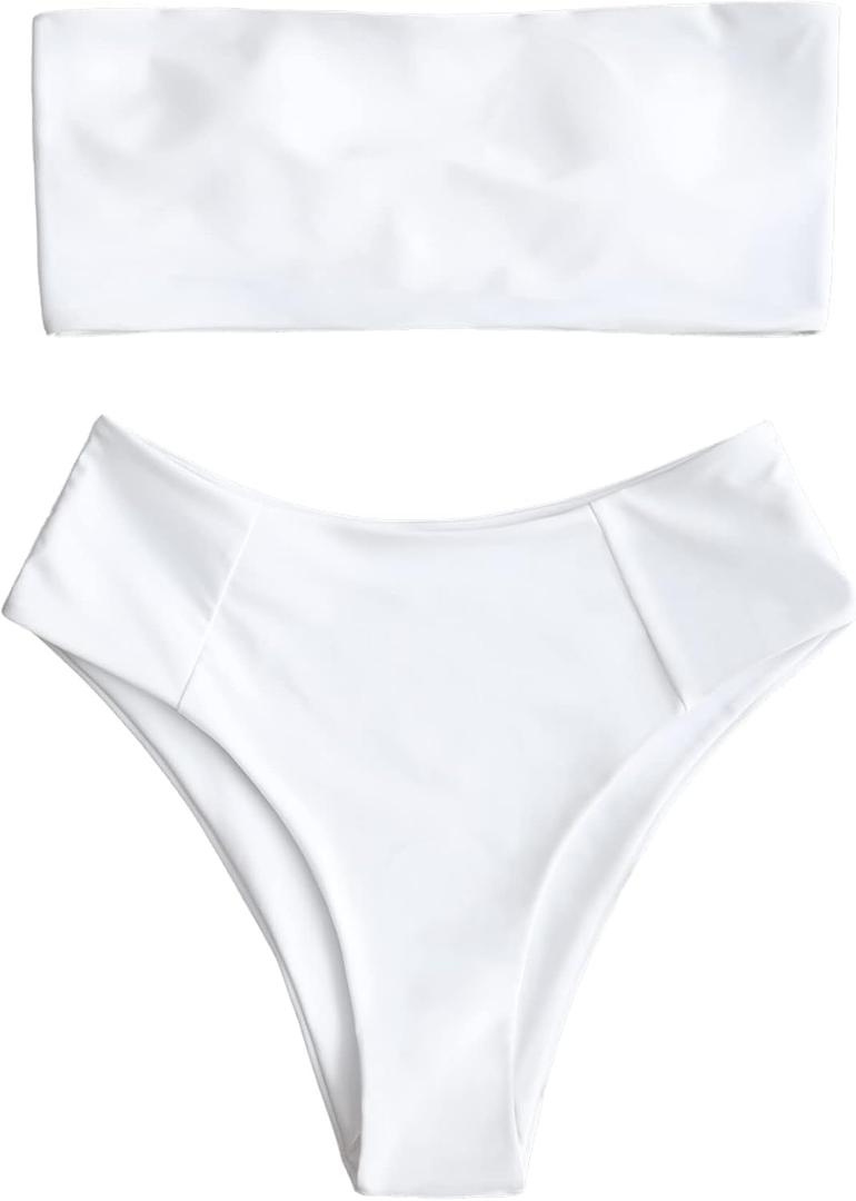 ZAFUL Women's High Cut Bandeau Bikini Set Strapless Solid Color 2 Pieces Bathing Suit Swimsuit (0-White, L)