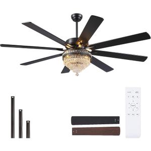 Asyko Crystal Ceiling Fan Fandelier with Lights - Modern Outdoor Fans with Remote Control,Noiseless DC Motor, Retro/Farmhouse Lighting, Dining Room,Living Room (72"