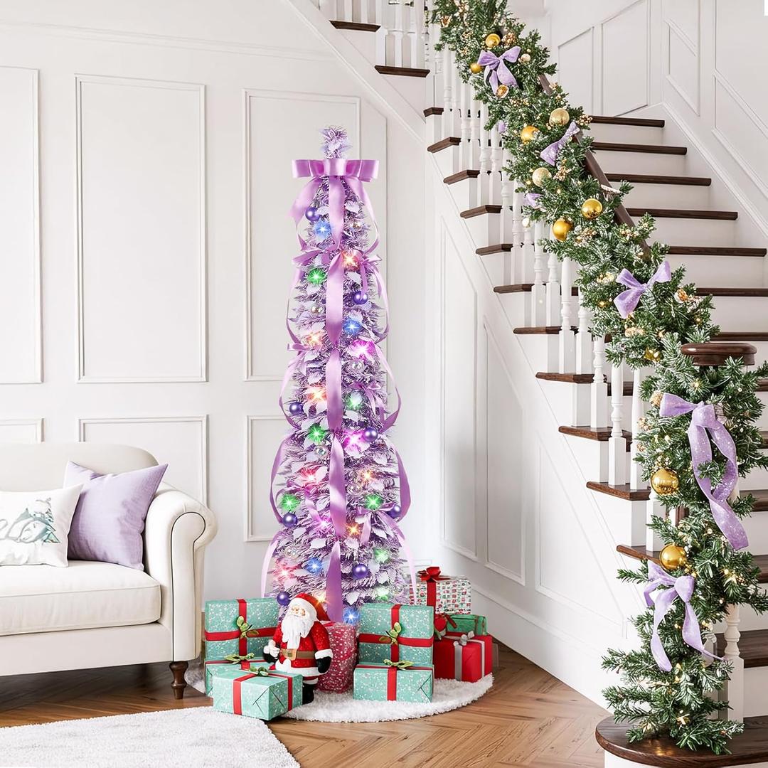 N&T NIETING Pop Up Christmas Tree Decorations Artificial Collapsible Tree with Lights 8Modes&Timer Predecorated Snow Flocked Pencil Tree for Home Apartment Office Indoor Party Xmas Dcor, 6FT, Purple