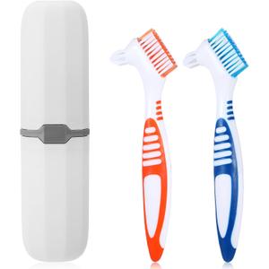 2Pcs Denture Brush, Denture Cleaning Brush Set with White Carrying Case Denture Toothbrushes with Multi-Layered Soft Bristles and Rubber Anti-Slip Handle (Blue + Orange)