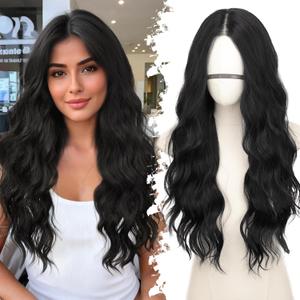Black Long Wavy Wig for Women, Pre-Cut HD Lace Natural Hairline, Glueless Middle Part, Synthetic Fiber for Daily and Party Use 26Inch