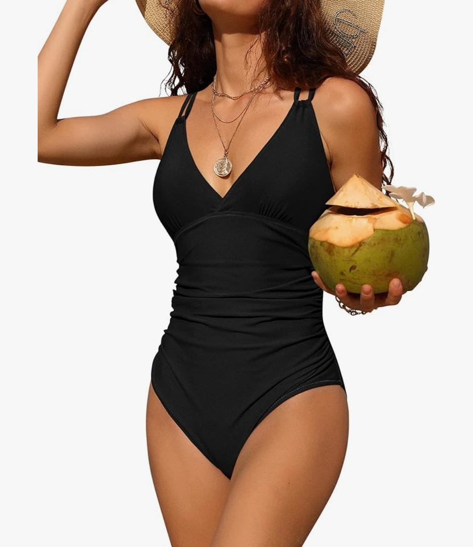 Charmo Tummy Control One Piece Swimsuits for Women Ruched Bathing Suits Strappy V Neck Monokini M