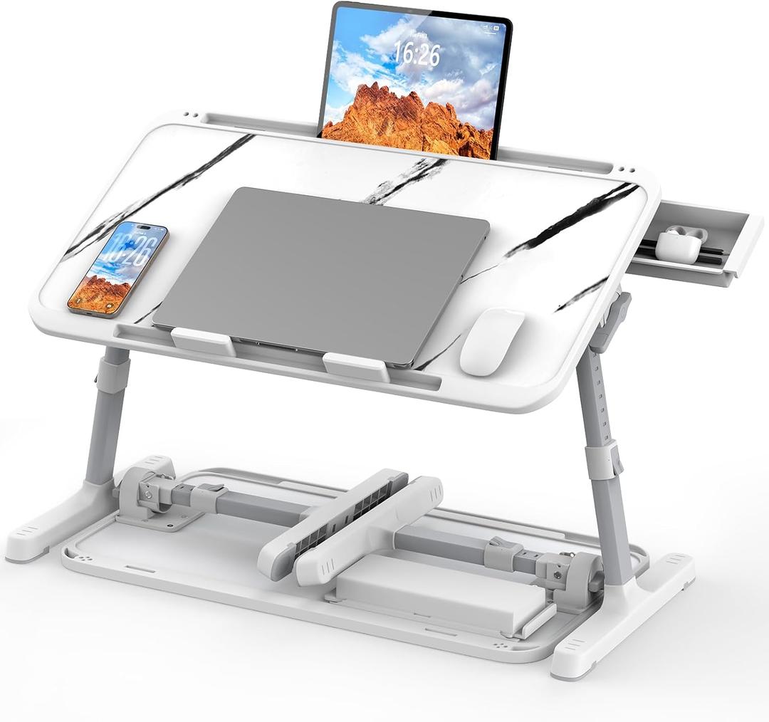 HETTHI Laptop Bed Tray Table, Adjustable Sturdy Laptop Stand for Bed with Premium Materials, Folding Portable Lap Desk with Drawer for Writing Working Reading Eating Couch Floor (Marble, 22.04"12.2")