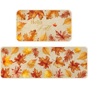 Bencailor 2 Pcs Fall Kitchen Rugs and Mats Set Pumpkin Maple Leaf Kitchen Rug Non Slip Farmhouse Autumn Cabin Mats for Floor Home Bathroom Decor, 29 x 17 in and 47 x 17 in(Maple Leaf)