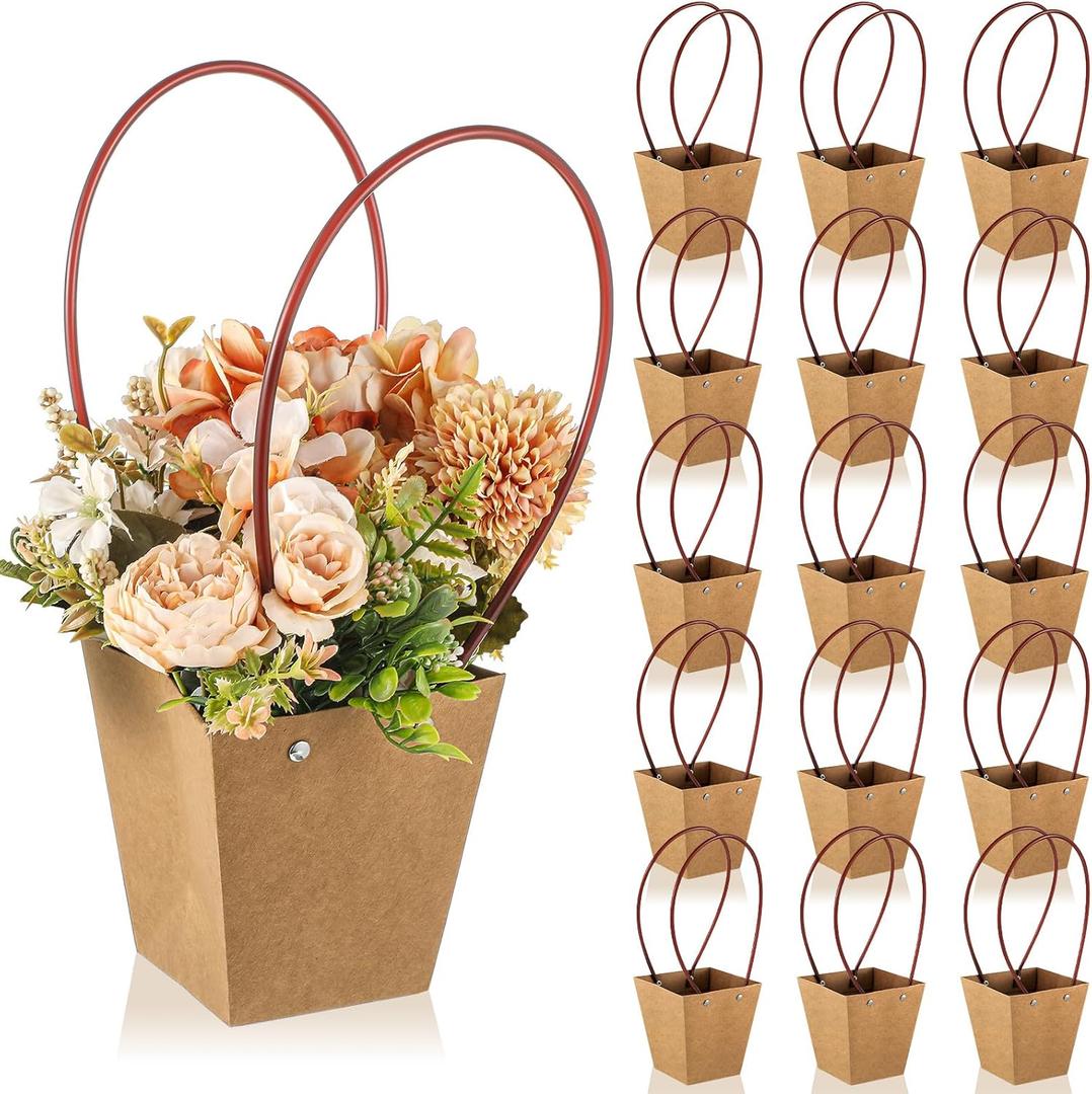 Gilprop 15 Packs Bouquet Bag Kraft Paper Flower Gift Bags with Handle Bouquet Bag Box with Waterproof Lining for Birthday Wedding Party Favors (12.5 x 4.9 x 3.1 Inch,Brown)