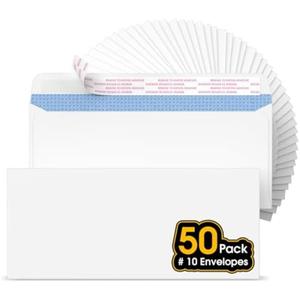 CREGEAR #10 Self Seal Security Envelopes, 50 Count, 4-1/ 8" x 9-1/ 2", 24 lb Paper, NO Window, White, Strip and Seal for Privacy & Business