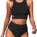ZAFUL Women's Swimsuit High Waisted Bikini Sets Two Piece Swimsuit Scoop Neck Tank Side Cutout Midkini, L