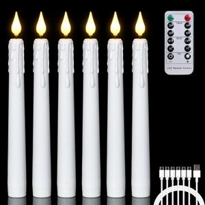 FREEPOWER 6PCS Rechargeable LED Flameless Taper Candles with Remote Timer,Battery Operated Flickering Realistic Window Candles with 3D Wick for Home Wedding Christmas Decor,0.78 X 8.26 Inch(White)