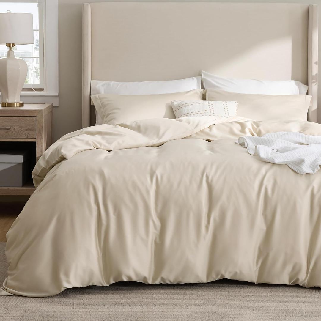 Bedsure Cooling Duvet Cover King Size - Moisture Wicking and Silky Eucalyptus Lyocell Cotton Hybrid Comforter Cover Set for Hot Sleeper - Buttery Soft and Breathable, GentleSoft, Beige Bedding Set (King (104" x 90"))
