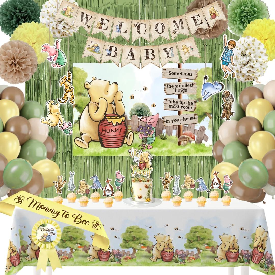 Winnie Baby Shower Decorations the Pooh Balloons, Backdrop, Welcome Baby Banner, Tablecloth, Cake Toppers, Pompoms, Sash & More Classic Pooh Baby Shower Theme Party Decor