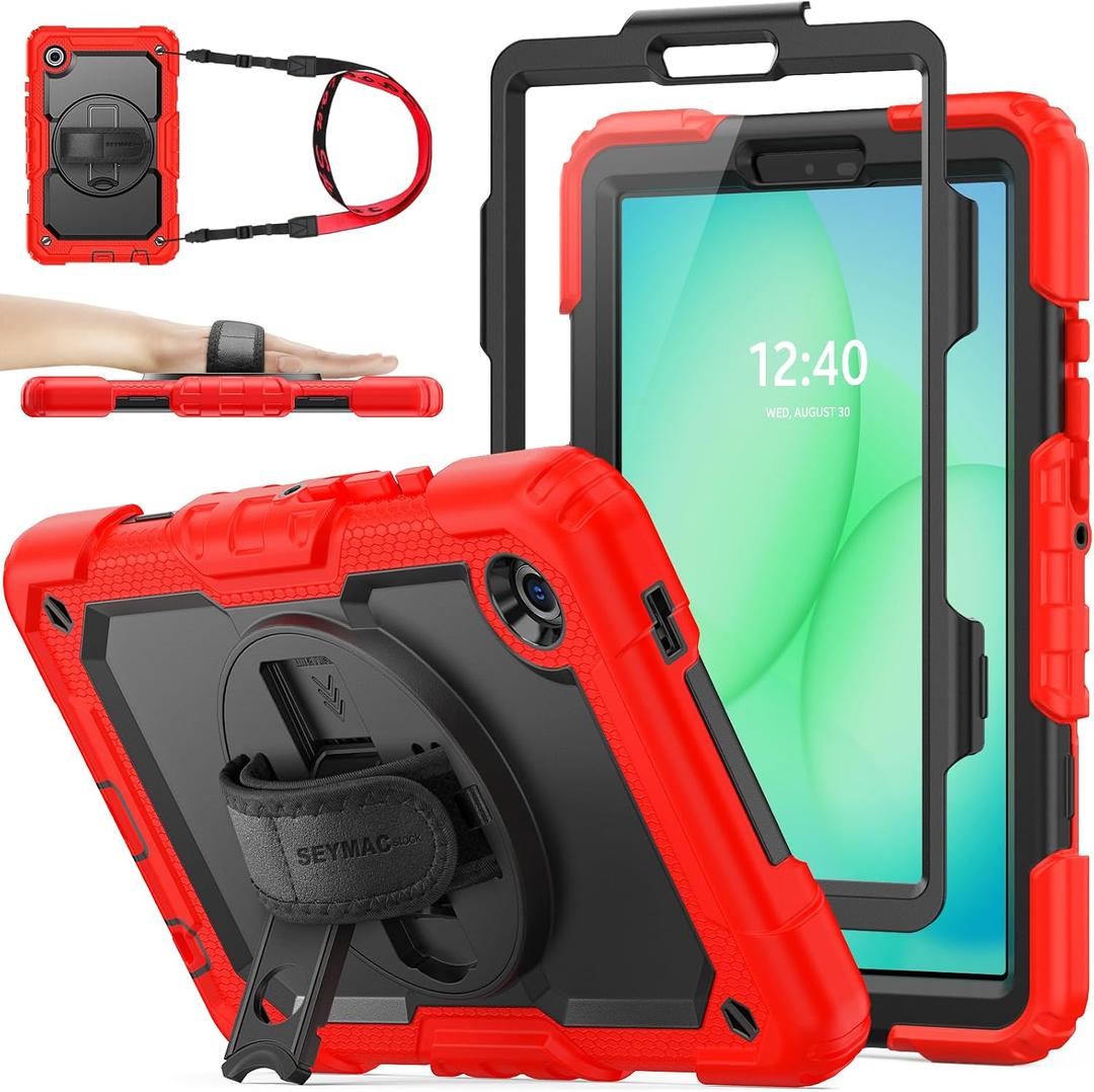 SEYMAC stock Case for Samsung Galaxy Tab A11 8.7'', Full-Body Drop Protection Case with Screen Protector Pencil Holder [360 Rotating Hand Strap] &Stand, Red+Black
