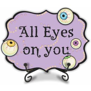 2 x Halloween Spooky Wooden Decoration & Gift -All Eyes On You Sign With 2 DIY Stickable Wood Decor & A Metal Support-Horror Wooden Home Bar Decoration-Halloween Party Welcome Decor-A07