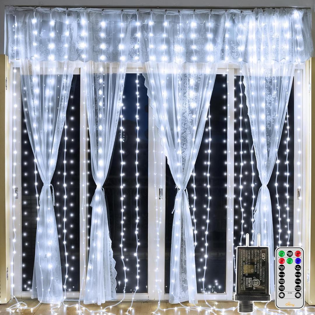 Ollny Curtain Lights 300LED 9.8ftx9.8ft, Connectable IP67 Waterproof Outdoor Curtain String Lights with Remote, Plug-in Untangle Fairy Lights with 8 Modes 3 Timers for Wall Backdrop Decor(Cool White)