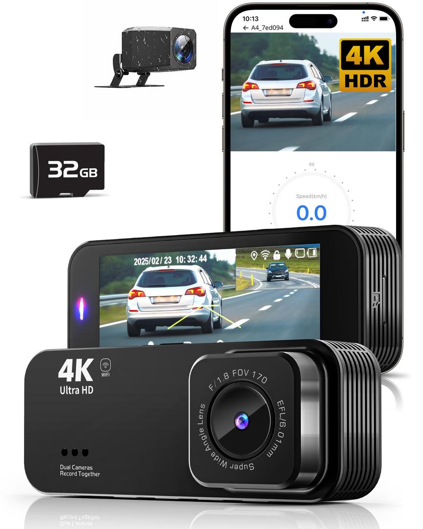 Dash Camera for Cars, 4K+1080P Dash Cam Front and Rear with 5G WiFi