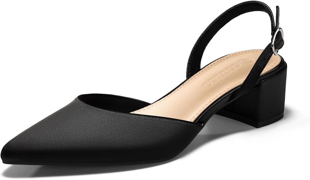 Coutgo Womens Low Chunky Heels Slingback Closed Pointed Toe Pumps Party Wedding Dress Shoes (7.5, Black)
