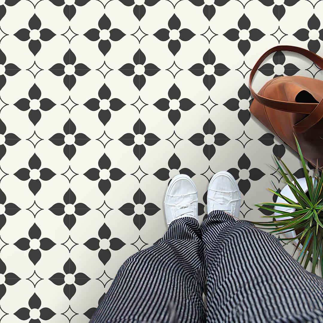MORCART Peel and Stick Floor Tile Star Waterproof Vinyl Flooring DIY Flooring for Bathroom, Kitchen, Fireplace, Pet House, Stairs, Bedrooms, Wall, Store(20PCS,7.87" x 7.87",Black+White)