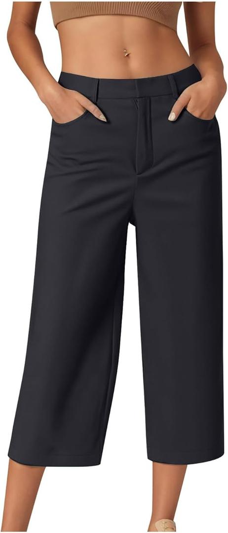 Women's Wide Leg Capri Pants Work Cropped Pants Casual Summer Capris High Waisted Crop Palazzo M