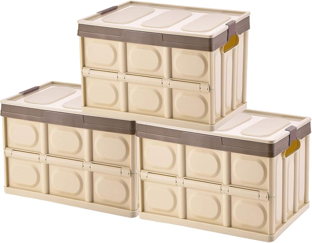 Phyllia Foldable Storage Boxes with Lids, 3-Pack Collapsible Plastic Storage Bins Organizer Containers Baskets Cub with Cover,Stackable Utility Crates Storage Box (Brown, 30L)