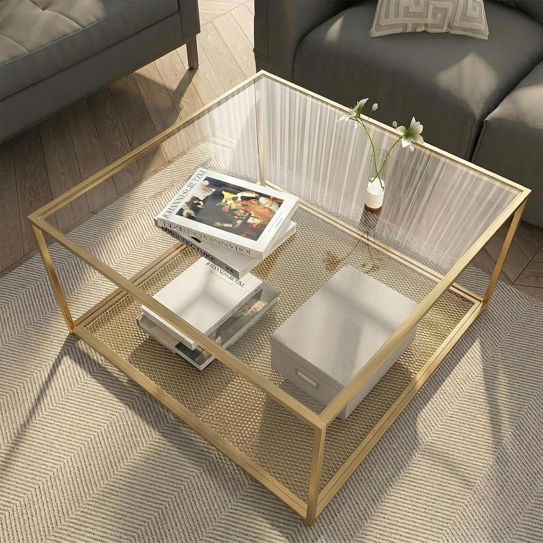 Gold Glass Coffee Table, Square Coffee Tables with Storage Shelf, Simple Tea Cocktail Modern Center Tables for Small Space, Living Room, Easy Assembly, 26 * 26inGold, 2-Tier