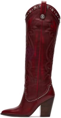 VOMIRA Knee High Cowboy Boots for Women Pointed Toe Chunky High Heels Pull-on Embroidered Boots Western Boots Wide Calf Cowgirl Boots Size 9