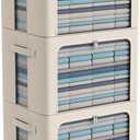3Pack Frame Storage Box - Clothes Storage Bin Bags Oxford Fabric Foldable Stackable Container Organizer Set with Clear Window & Carry Handles Large Capacity (Beige, Large-66L)