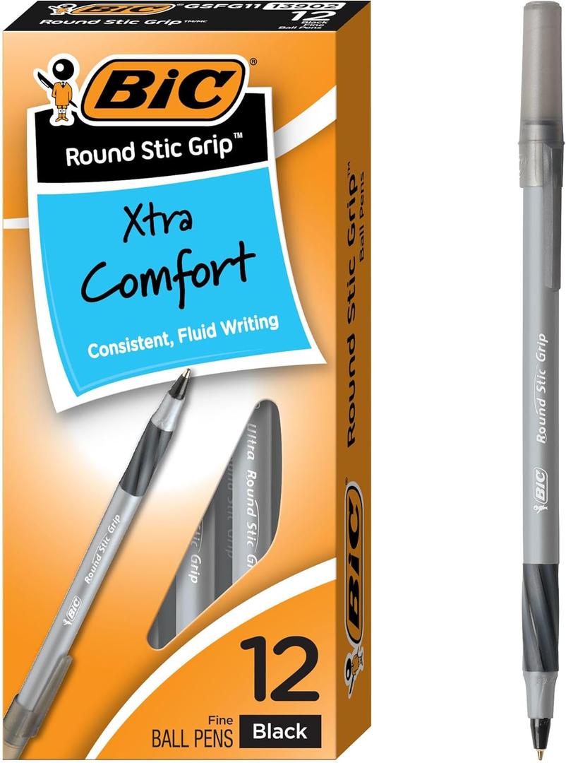 BIC Round Stic Grip Xtra-Comfort Ballpoint Pens, Medium Point, 1.2 mm, Gray Barrel, Black Ink, Pack Of 12 Pens