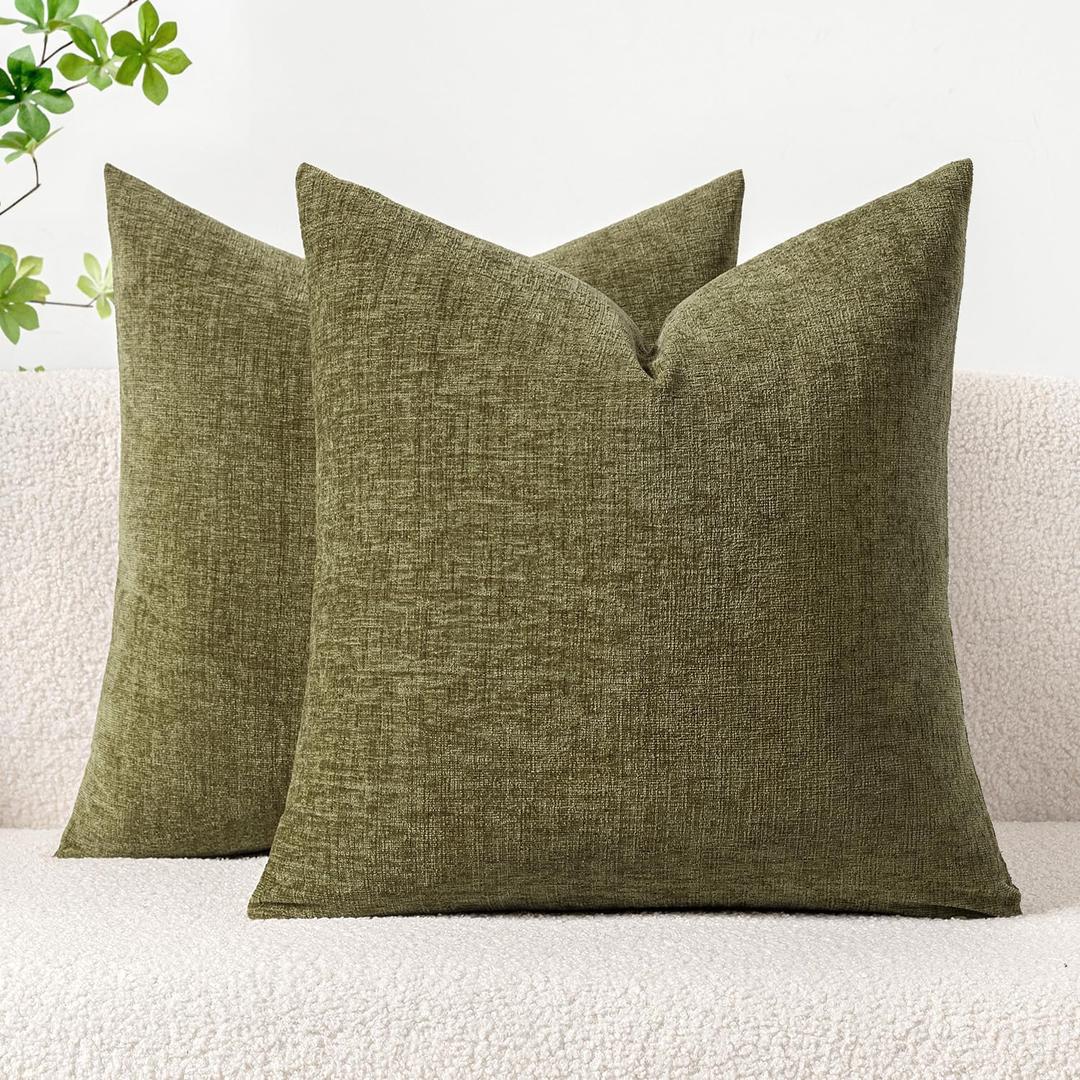 MIULEE Pack of 2 Couch Throw Pillow Covers 20x20 Inch Soft Olive Green Chenille Pillow Covers for Sofa Living Room Solid Dyed Pillow Cases